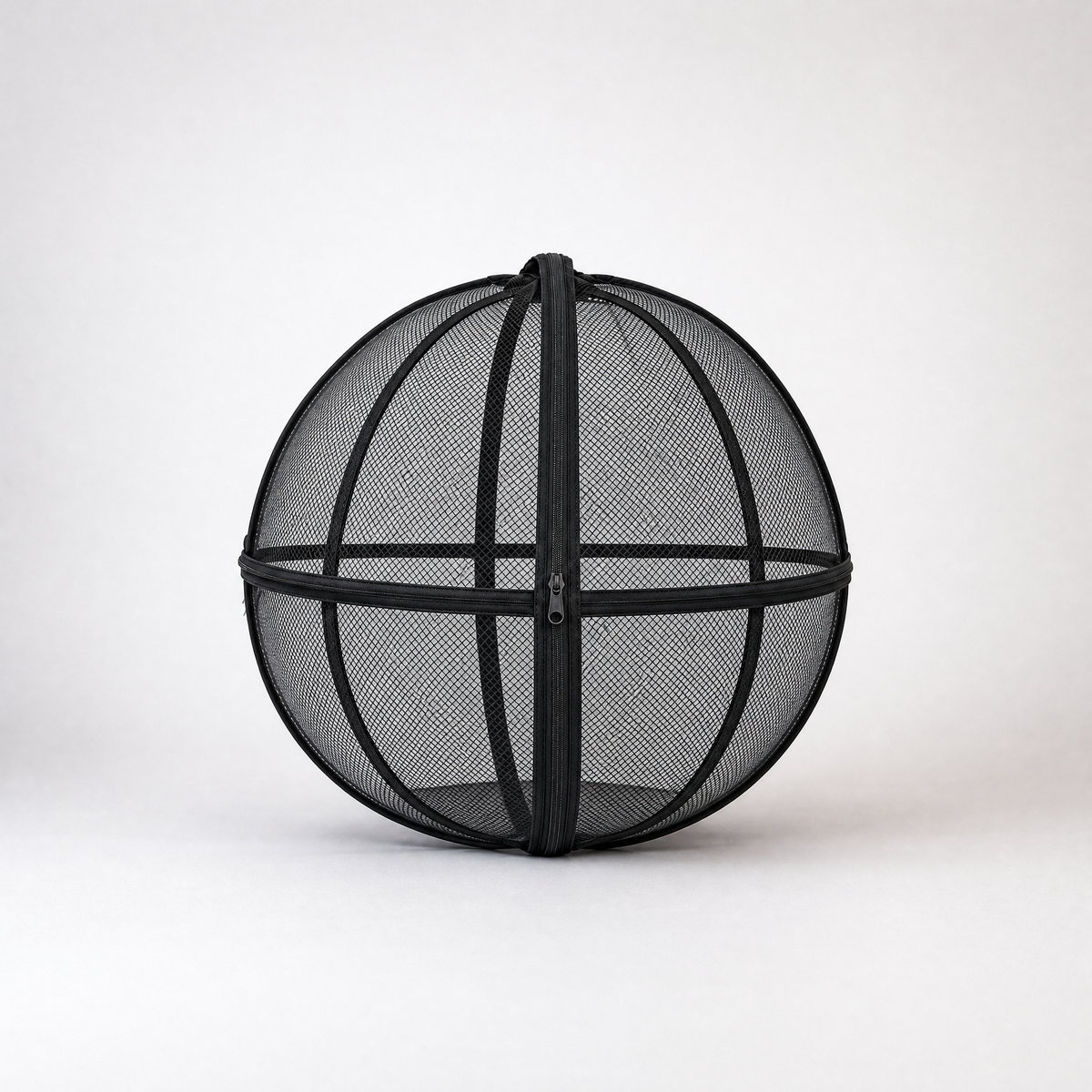 Black rounded mesh cat playpen with a zippered opening