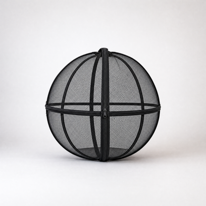 Black rounded mesh cat playpen with a zippered opening